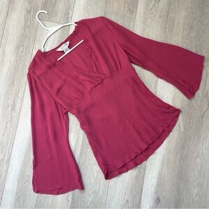 Vintage Silk Top v neck bell sleeve womens Pink (xlarge) boho romantic peasant